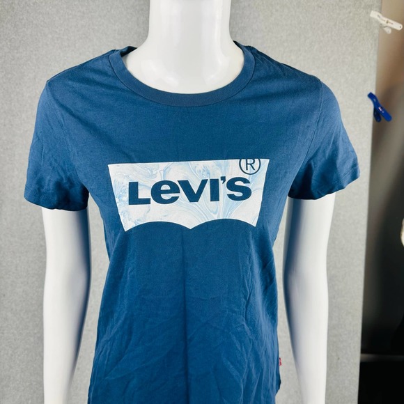 New Levi's Juniors XS T-Shirt Striped Blue Logo Stretch Retro Short Sleeve NWT - Picture 3 of 7